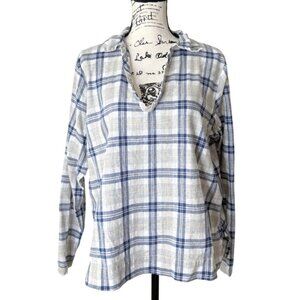CP Shades Womens Plaid Top Long Sleeve Blue Beige Cotton Linen V-Neck Size M